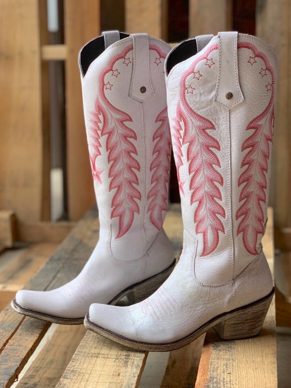 Liberty Black Star Stitch Deniro Snow
White Cowboy Boots with Pink Stitching